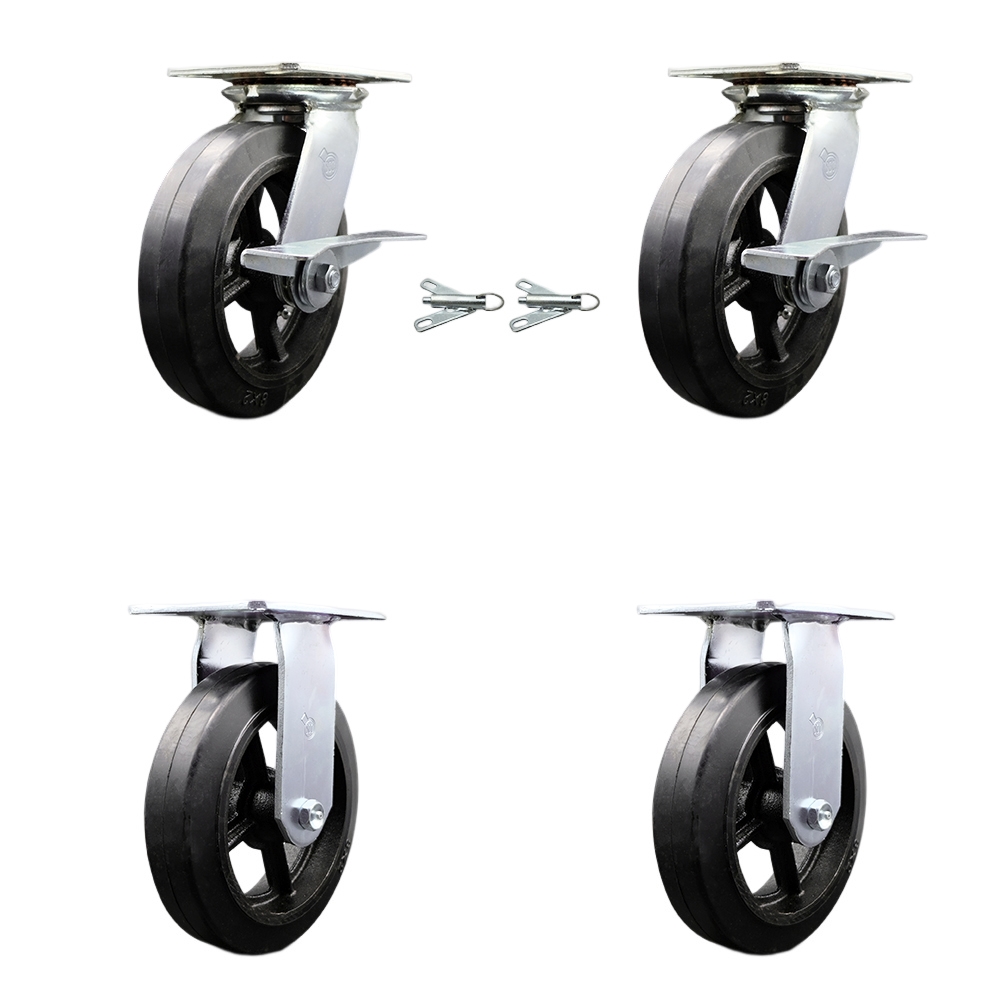 Heavy Duty Large Top Plate Rubber on Cast Iron Swivel Caster w/Main. Free Bearings Set of 4 w/8" x 2" Black Wheels - Includes 2 Swivel with Brakes and Bolt on Swivel Lcks&2 Rigid- Service Caster Brand — photo 1