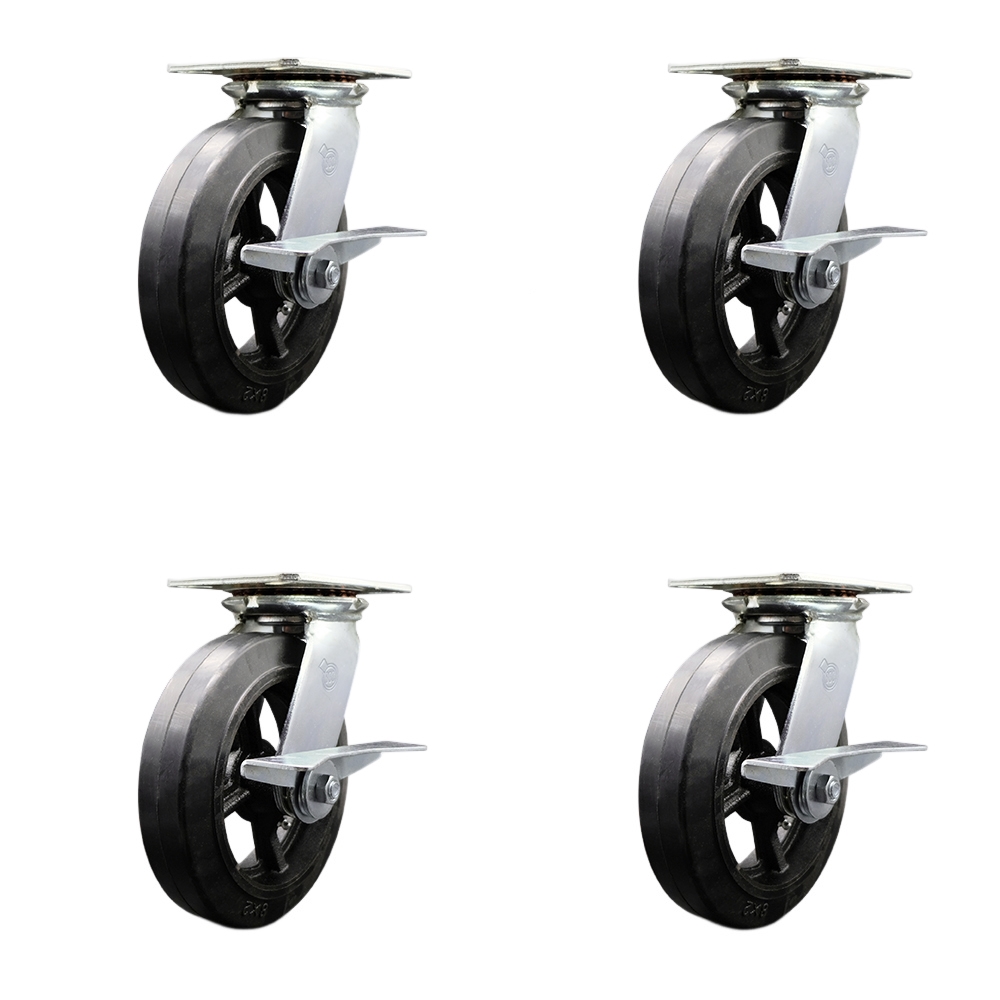 Heavy Duty Large Top Plate Rubber on Cast Iron Swivel Caster Set 4 w/8" x 2" Black Wheels-Includes 2 Swivel with Brakes and Bolt on Swvl Lcks&2 Swvl with Brakes-2000lbs Total Cpty-Service Caster Brand — photo 1