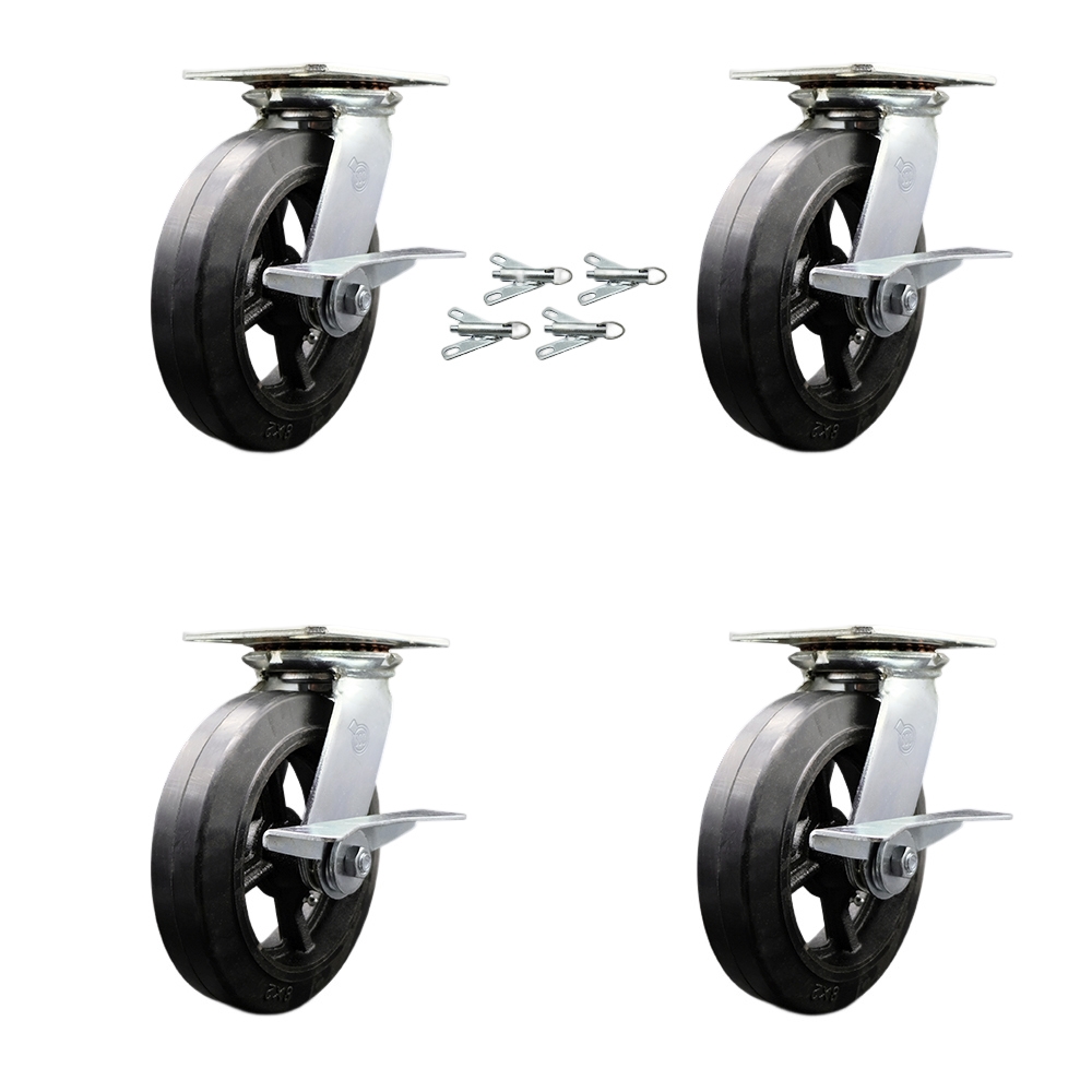 Heavy Duty Large Top Plate Rubber on Cast Iron Swivel Caster w/Main. Free Bearings Set of 4 w/8" x 2" Black Wheels - Includes 4 Swivel w/Side Lck Brakes & Bolt on Swivel Locks - Service Caster Brand — photo 1