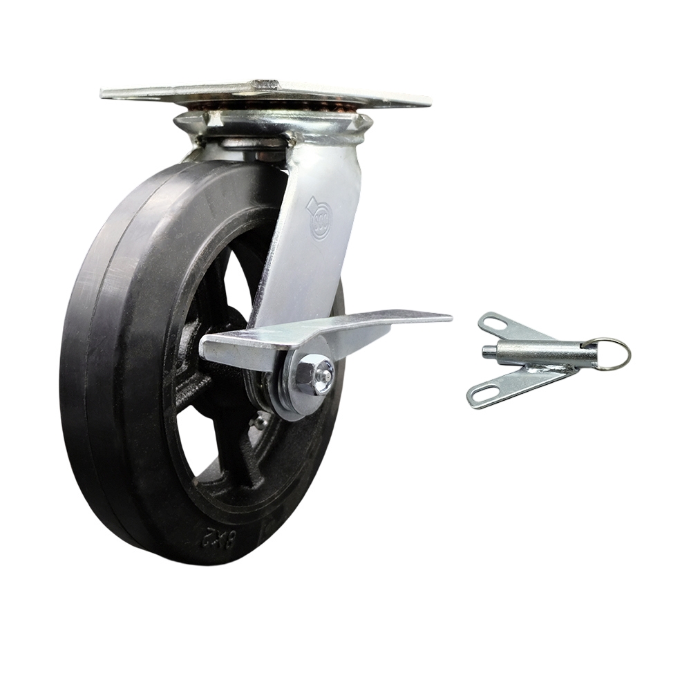 Heavy Duty Large Top Plate Rubber on Cast Iron Swivel Caster w/Main. Free Bearings and 8" x 2" Black Wheel & Side Lck Brake and Bolt on Swivel Lock - 500 lbs Capacity/Caster - Service Caster Brand — photo 1