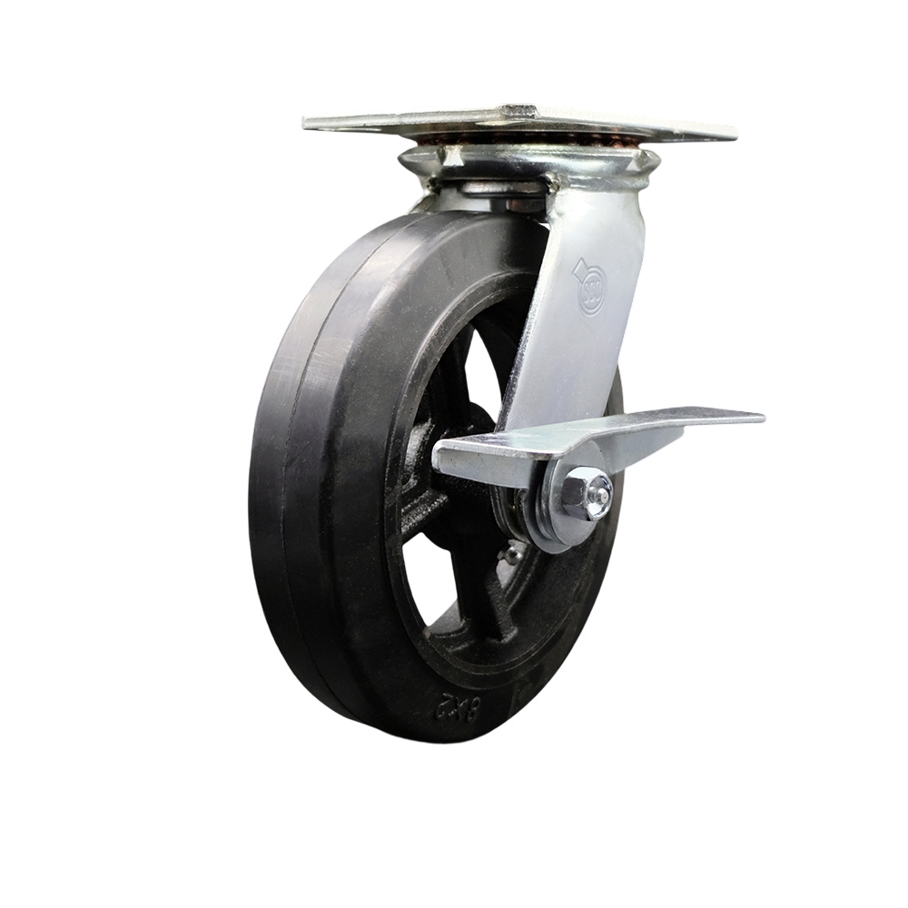 Heavy Duty Large Top Plate Rubber on Cast Iron Swivel Caster w/Main. Free Bearings and 8" x 2" Black Wheel & Side Lck Brake - 500 lbs Capacity/Caster - Service Caster Brand — photo 1