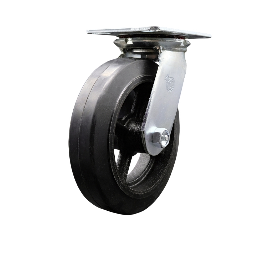 Heavy Duty Large Top Plate Rubber on Cast Iron Swivel Caster w/Main. Free Bearings and 8" x 2" Black Wheel - 500 lbs Capacity/Caster - Service Caster Brand — photo 1
