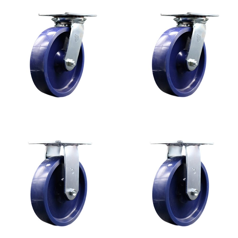 Heavy Duty Large Top Plate Solid Polyurethane Swivel Caster w/Main. Free Bearings Set of 4 w/8" x 2" Blue Wheels - Includes 2 Swivel & 2 Rigid - 4800 lbs Total Capacity - Service Caster Brand — photo 1