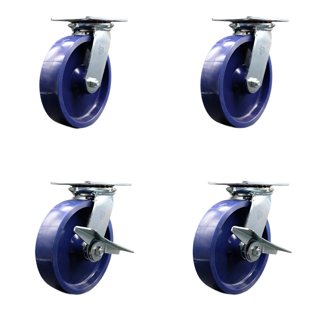 Heavy Duty Large Top Plate Solid Polyurethane Swivel Caster Set of 4 w/8" x 2" Blue Wheels - Includes 2 Swivel with Brakes & 2 Swivel - 4800 lbs Total Capacity - Service Caster Brand — photo 1
