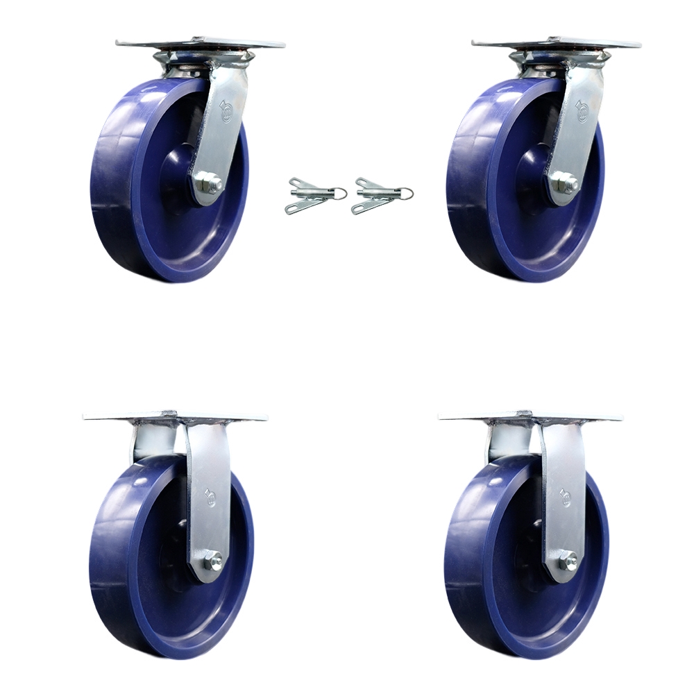 Heavy Duty Large Top Plate Solid Polyurethane Swivel Caster Set of 4 w/8" x 2" Blue Wheels - Includes 2 Swivel with Bolt on Swivel Locks & 2 Rigid - 4800 lbs Total Capacity - Service Caster Brand — photo 1
