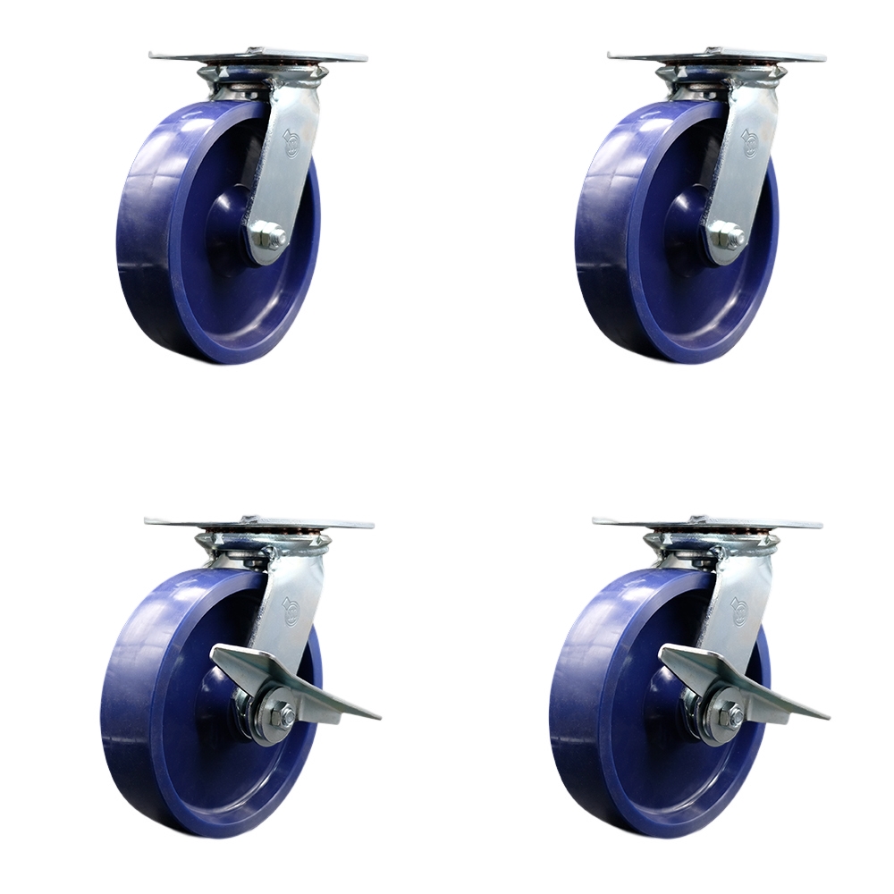 Heavy Duty Large Top Plate Solid Polyurethane Swivel Caster Set of 4 w/8" x 2" Blue Wheels - Includes 2 Swivel with Bolt on Swivel Locks&2 Swivel with Brakes-4800 lbs Total Cpty - Service Caster Brand — photo 1