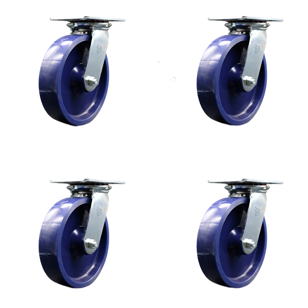 Heavy Duty Large Top Plate Solid Polyurethane Swivel Caster Set of 4 w/8" x 2" Blue Wheels - Includes 4 Swivel w/Bolt on Swivel Locks - 4800 lbs Total Capacity - Service Caster Brand — photo 1