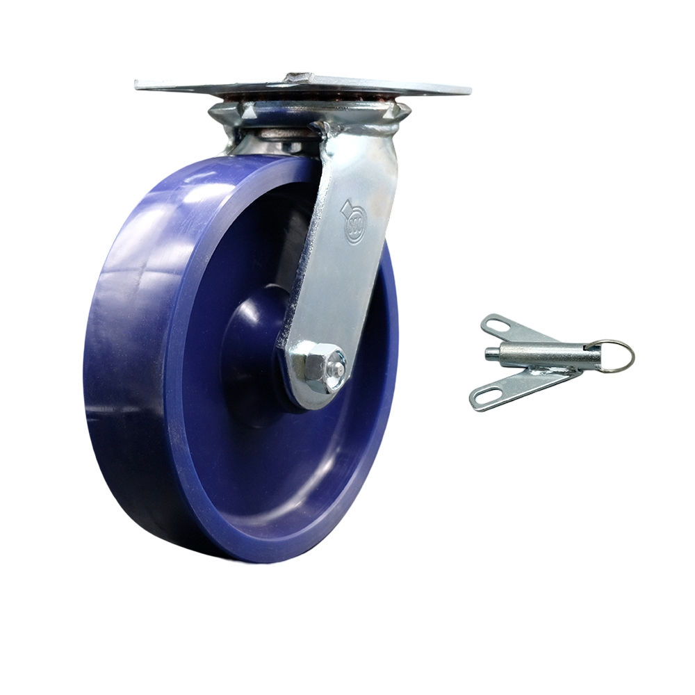 Heavy Duty Large Top Plate Solid Polyurethane Swivel Caster w/8" x 2" Blue Wheel & Bolt on Swivel Lock - 1200 lbs Capacity/Caster - Service Caster Brand — photo 1