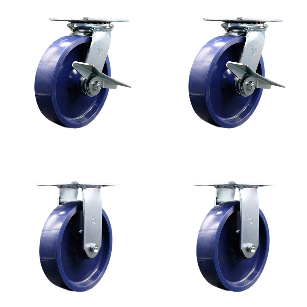 Heavy Duty Large Top Plate Solid Polyurethane Swivel Caster Set of 4 w/8" x 2" Blue Wheels - Includes 2 Swivel with Brakes & 2 Rigid - 4800 lbs Total Capacity - Service Caster Brand — photo 1
