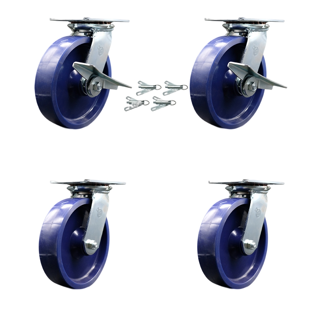 Heavy Duty Large Top Plate Solid Polyurethane Swivel Caster Set 4 w/8" x 2" Blue Wheels-Includes 2 Swvl w/BRKs and Bolt on Swvl Lck& 2 Swvl w/Bolt on Swvl Lck-4800 lbs Total Cpty- Service Caster Brand — photo 1