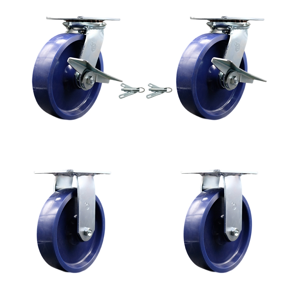 Heavy Duty Large Top Plate Solid Polyurethane Swivel Caster Set of 4 w/8" x 2" Blue Wheels - Includes 2 Swivel with Brakes and Bolt on Swivel Locks & 2 Rigid-4800 lbs Total Cpty - Service Caster Brand — photo 1