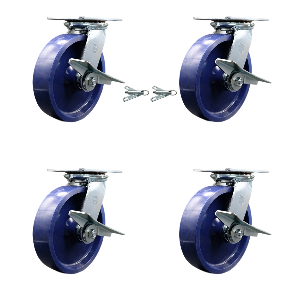 Heavy Duty Large Top Plate Solid Polyurethane Swivel Caster Set 4 w/8" x 2" Blue Wheels-Includes 2 Swivel with Brakes and Bolt on Swvl Locks&2 Swvl with Brakes-4800 lbs Total Cpty-Service Caster Brand — photo 1