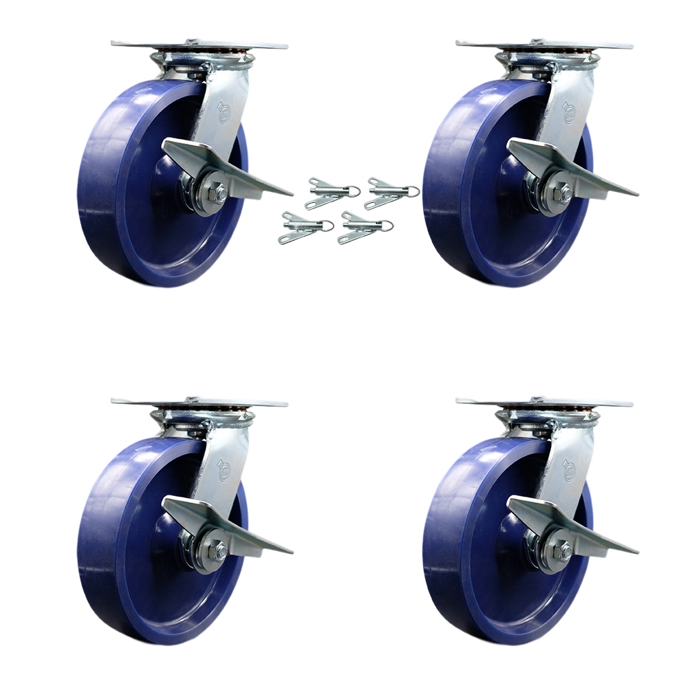 Heavy Duty Large Top Plate Solid Polyurethane Swivel Caster w/Main. Free Bearings Set of 4 w/8" x 2" Blue Wheels - Includes 4 Swivel w/Side Lock Brakes & Bolt on Swivel Locks - Service Caster Brand — photo 1