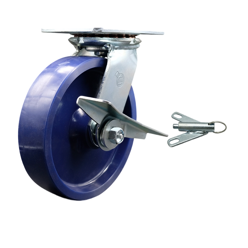 Heavy Duty Large Top Plate Solid Polyurethane Swivel Caster w/8" x 2" Blue Wheel & Side Lck Brake and Bolt on Swivel Lock - 1200 lbs Capacity/Caster - Service Caster Brand — photo 1