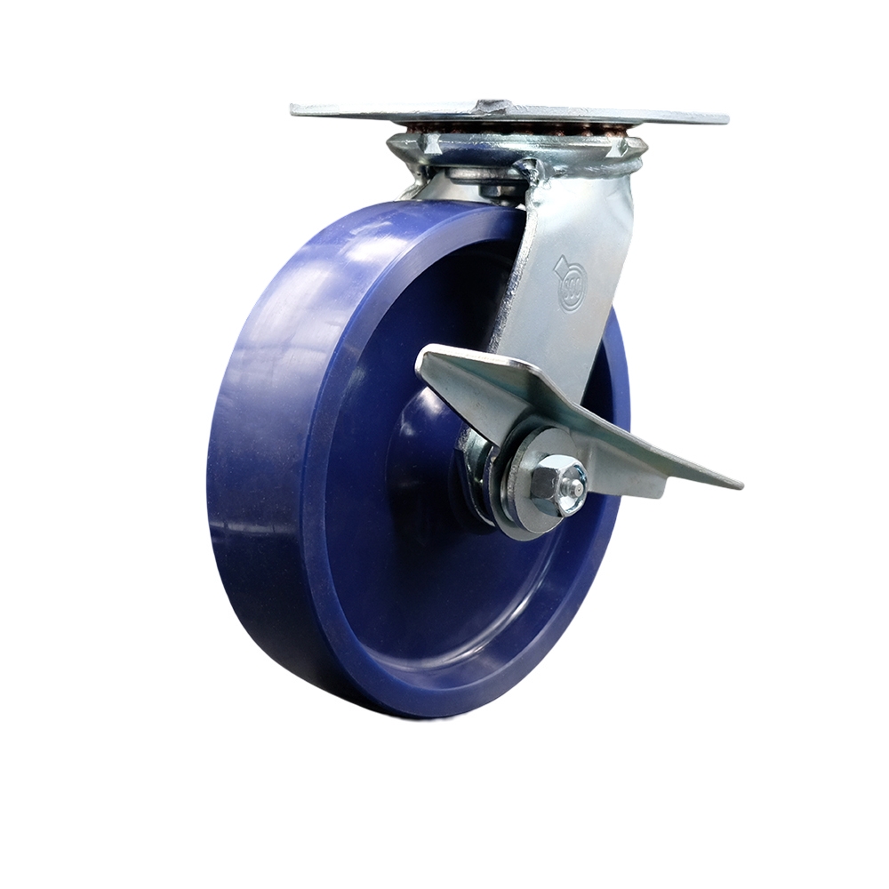 Heavy Duty Large Top Plate Solid Polyurethane Swivel Caster w/8" x 2" Blue Wheel & Side Lck Brake - 1200 lbs Capacity/Caster - Service Caster Brand — photo 1