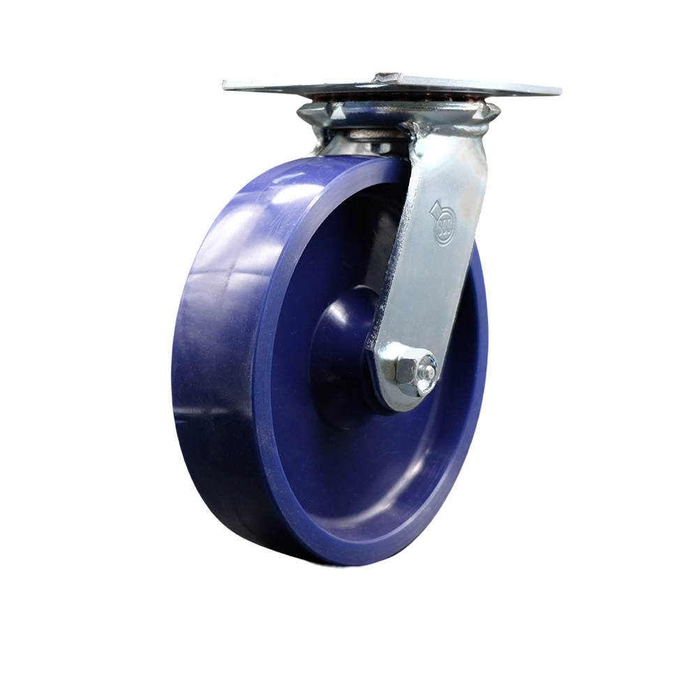 Heavy Duty Large Top Plate Solid Polyurethane Swivel Caster w/Main. Free Bearings and 8" x 2" Blue Wheel - 1200 lbs Capacity/Caster - Service Caster Brand — photo 1