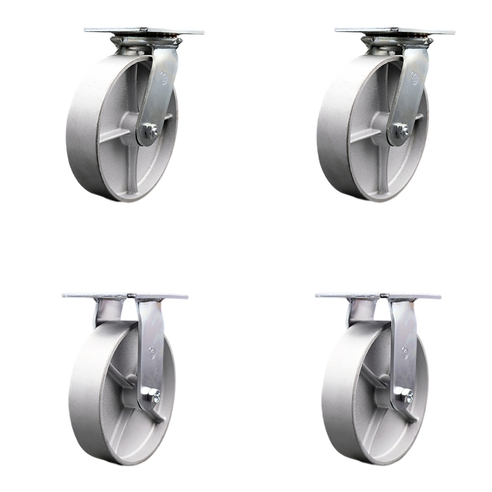 Heavy Duty Large Top Plate Semi Steel Cast Iron Swivel Caster w/Main. Free Bearings Set of 4 w/8" x 2" Silver Wheels - Includes 2 Swivel & 2 Rigid - 5000 lbs Total Capacity - Service Caster Brand — photo 1