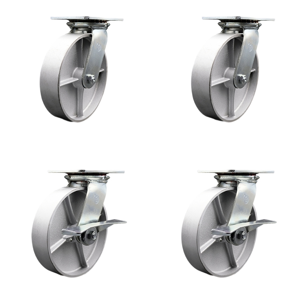 Heavy Duty Large Top Plate Semi Steel Cast Iron Swivel Caster w/Main. Free Bearings Set of 4 w/8" x 2" Silver Wheels - Includes 2 Swivel with Brakes& 2 Swivel-5000lbs Total Cpty - Service Caster Brand — photo 1