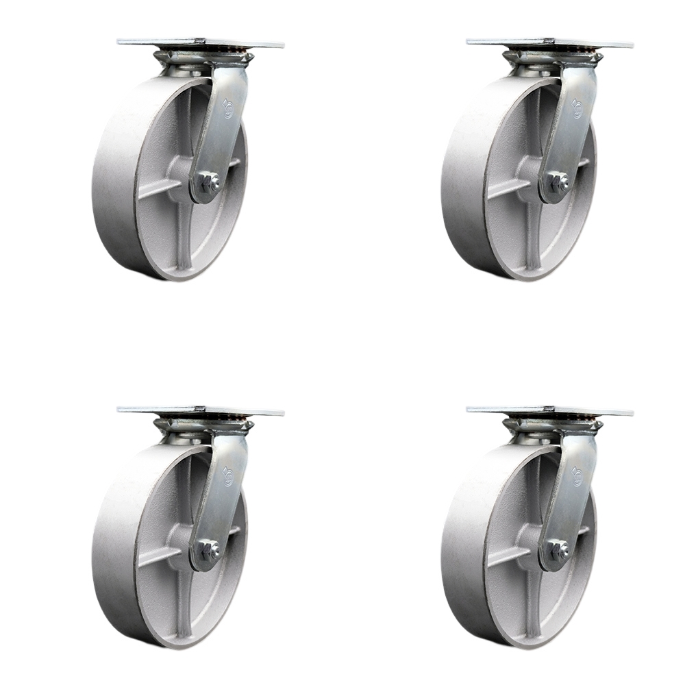 Heavy Duty Large Top Plate Semi Steel Cast Iron Swivel Caster Set of 4 w/8" x 2" Silver Wheels - Includes 4 Swivel - 5000 lbs Total Capacity - Service Caster Brand — photo 1