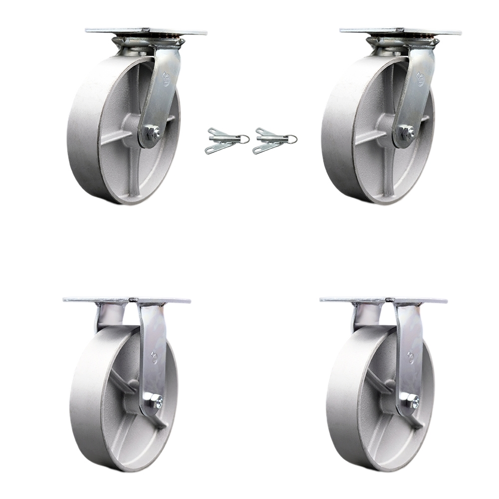Heavy Duty Large Top Plate Semi Steel Cast Iron Swivel Caster w/Main. Free Bearings Set of 4 w/8" x 2" Silver Wheels - Includes 2 Swivel with Bolt on Swivel Locks & 2 Rigid - Service Caster Brand — photo 1