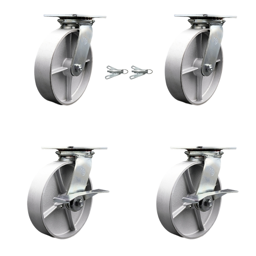 Heavy Duty Large Top Plate Semi Steel Cast Iron Swivel Caster Set of 4 w/8" x 2" Silver Wheels-Includes 2 Swivel with Bolt on Swivel Lcks&2 Swivel with Brakes-5000lbs Total Cpty - Service Caster Brand — photo 1