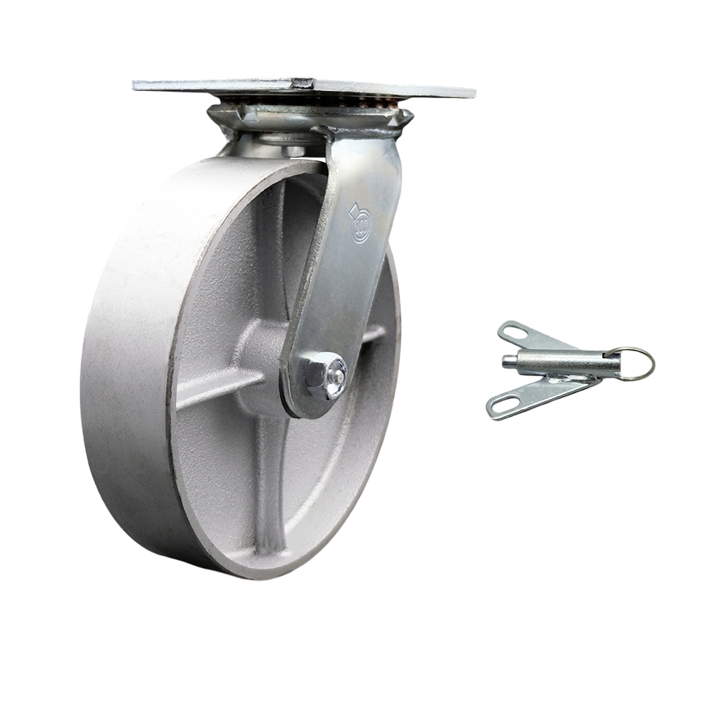 Heavy Duty Large Top Plate Semi Steel Cast Iron Swivel Caster w/8" x 2" Silver Wheel & Bolt on Swivel Lock - 1250 lbs Capacity/Caster - Service Caster Brand — photo 1