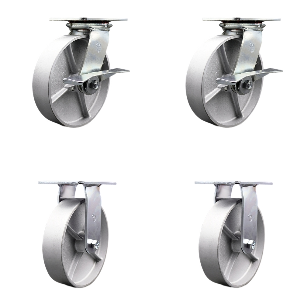 Heavy Duty Large Top Plate Semi Steel Cast Iron Swivel Caster Set of 4 w/8" x 2" Silver Wheels - Includes 2 Swivel with Brakes & 2 Rigid - 5000 lbs Total Capacity - Service Caster Brand — photo 1