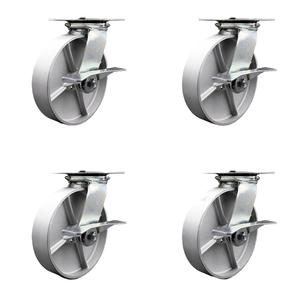Heavy Duty Large Top Plate Semi Steel Cast Iron Swivel Caster w/Main. Free Bearings Set of 4 w/8" x 2" Silver Wheels - Includes 4 Swivel w/Side Lck Brakes-5000lbs Total Capacity - Service Caster Brand — photo 1
