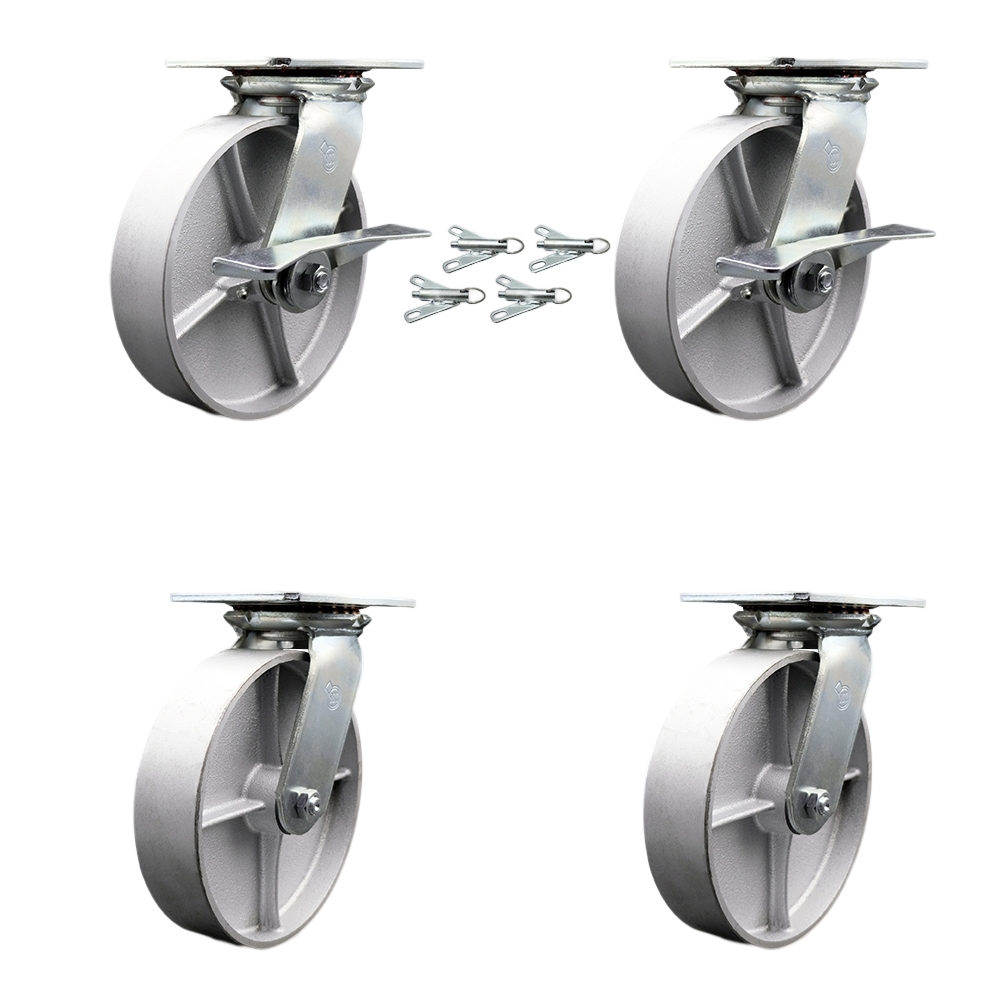 Heavy Duty Large Top Plate Semi Steel Cast Iron Swivel Caster Set 4 w/8" x 2" Silver Wheels-Includes 2 Swvl w/BRK and Bolt on Swvl Lck&2 Swvl w/Bolt on Swvl Lck-5000lbs Total Cpty-Service Caster Brand — photo 1