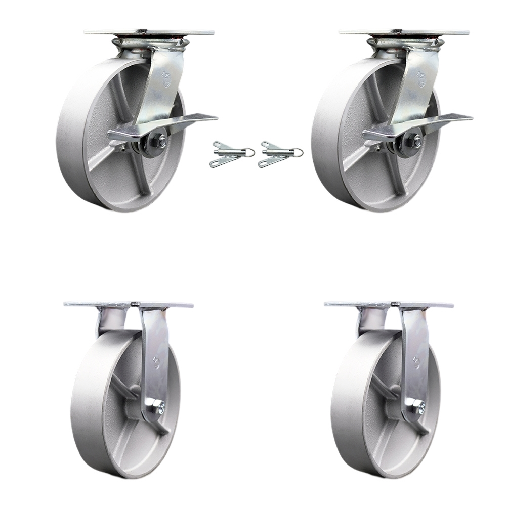 Heavy Duty Large Top Plate Semi Steel Cast Iron Swivel Caster Set of 4 w/8" x 2" Silver Wheels-Includes 2 Swivel with Brakes and Bolt on Swivel Locks &2 Rigid-5000lbs Total Cpty - Service Caster Brand — photo 1