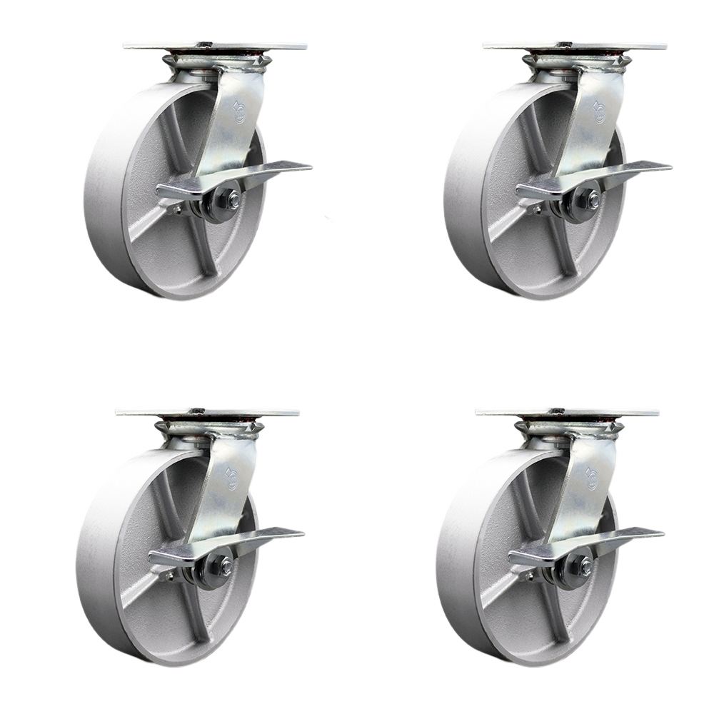 Heavy Duty Large Top Plate Semi Steel Cast Iron Swivel Caster Set 4 w/8" x 2" Silver Wheels-Includes 2 Swivel with Brakes and Bolt on Swvl Lcks&2 Swvl w/Brake-5000lbs Total Cpty - Service Caster Brand — photo 1