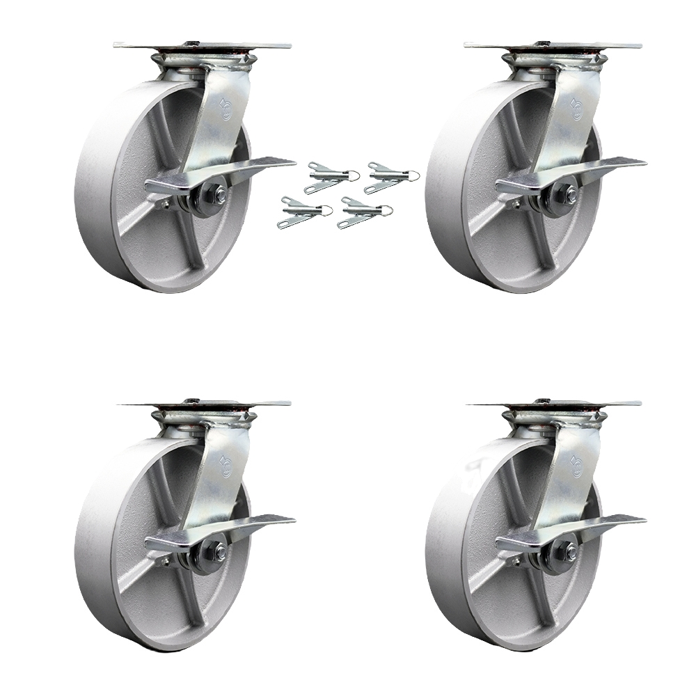 Heavy Duty Large Top Plate Semi Steel Cast Iron Swivel Caster w/Main. Free Bearings Set of 4 w/8" x 2" Silver Wheels - Includes 4 Swivel w/Side Lck Brakes & Bolt on Swivel Locks - Service Caster Brand — photo 1