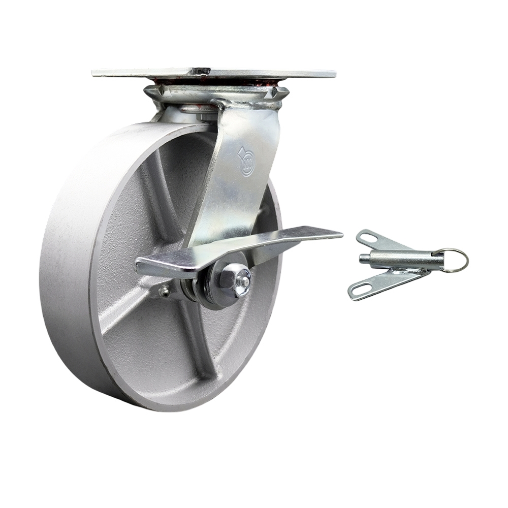 Heavy Duty Large Top Plate Semi Steel Cast Iron Swivel Caster w/Main. Free Bearings and 8" x 2" Silver Wheel & Side Lck Brake and Bolt on Swivel Lock - 1250 lbs Capacity/Caster - Service Caster Brand — photo 1