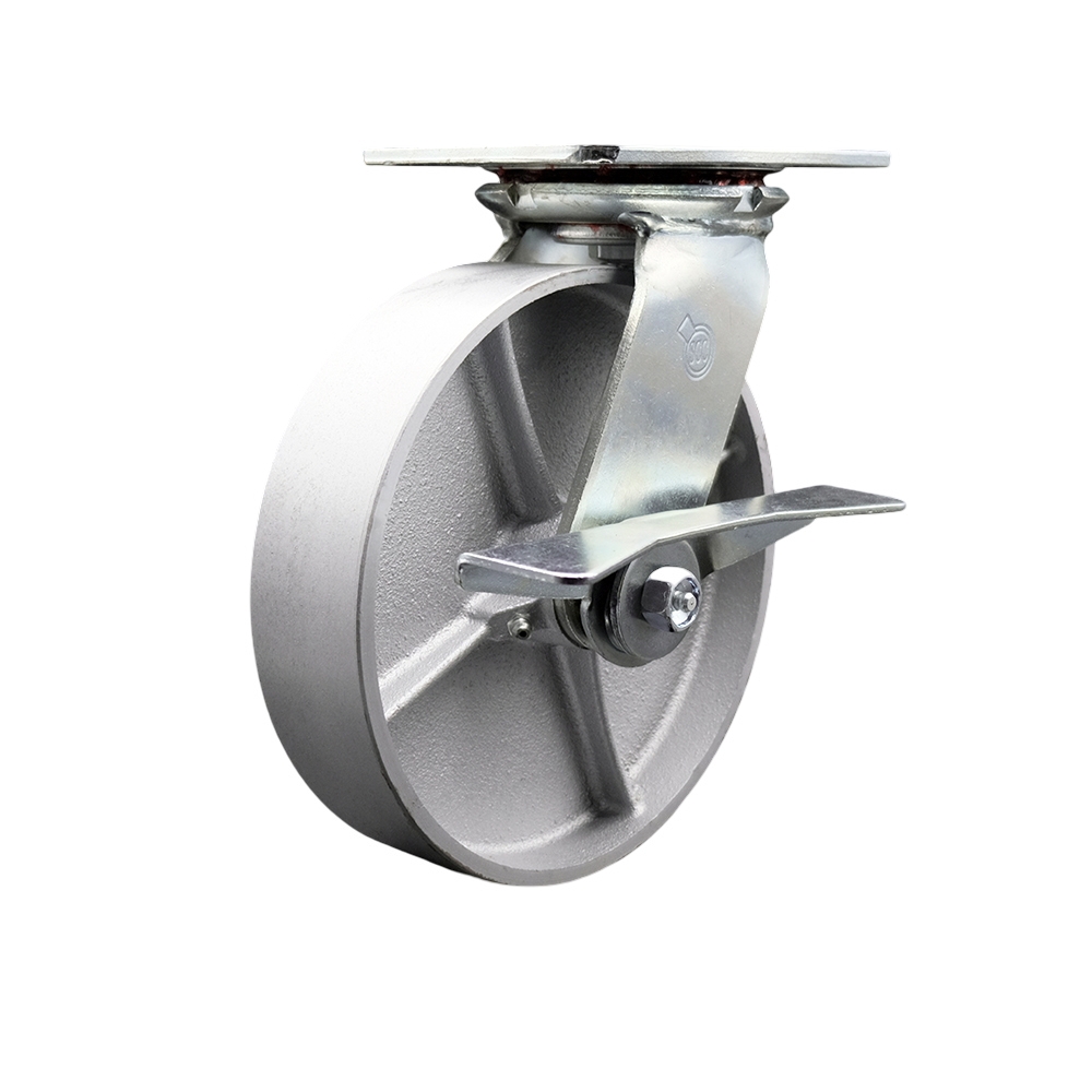Heavy Duty Large Top Plate Semi Steel Cast Iron Swivel Caster w/8" x 2" Silver Wheel & Side Lck Brake - 1250 lbs Capacity/Caster - Service Caster Brand — photo 1