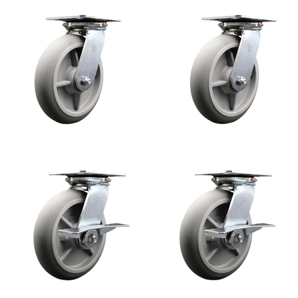 Heavy Duty Large Top Plate Thermo Rubber Donut Tread Swivel Caster w/Main. Free Bearings Set of 4 w/8" x 2" Gray Wheels-Includes 2 Swivel with Brakes&2 Swivel-2400lbs Total Cpty - Service Caster Brand — photo 1