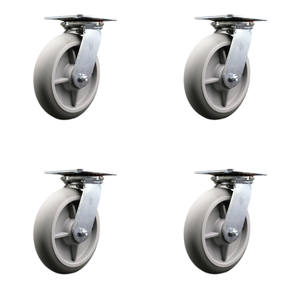 Heavy Duty Large Top Plate Thermo Rubber Donut Tread Swivel Caster w/Main. Free Bearings Set of 4 w/8" x 2" Gray Wheels - Includes 4 Swivel - 2400 lbs Total Capacity - Service Caster Brand — photo 1