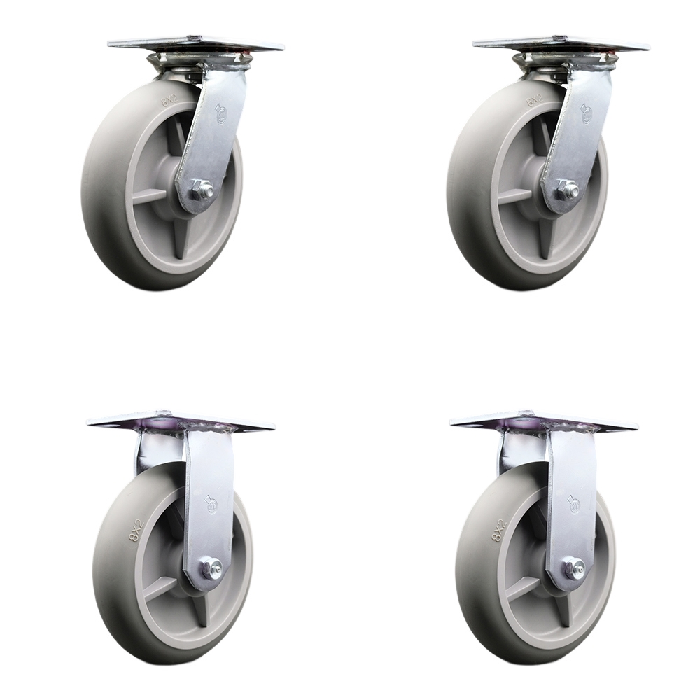 Heavy Duty Large Top Plate Thermo Rubber Donut Tread Swivel Caster w/Main. Free Bearings Set of 4 w/8" x 2" Gray Wheels - Includes 2 Swivel with Bolt on Swivel Locks & 2 Rigid - Service Caster Brand — photo 1