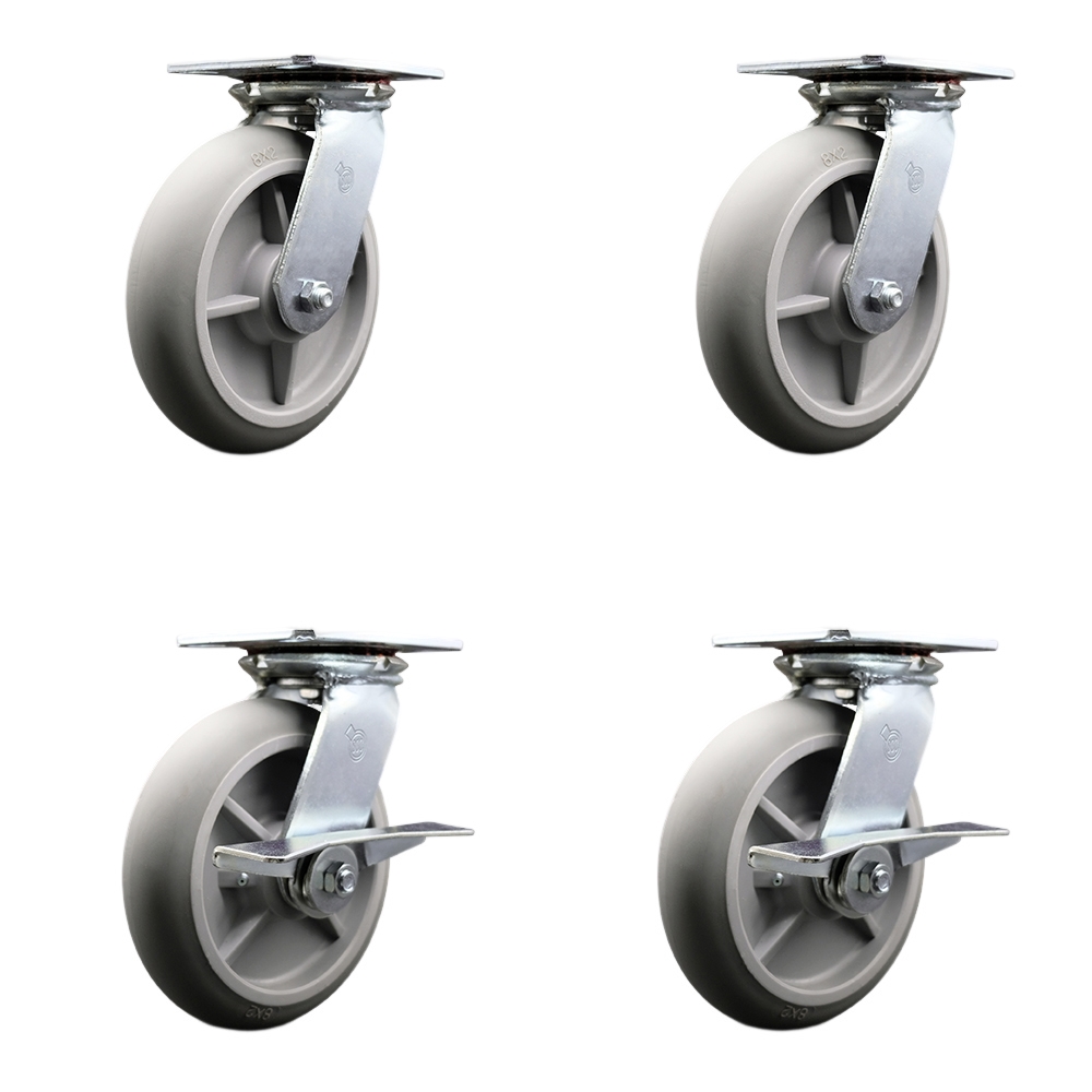 Heavy Duty Large Top Plate Thermo Rubber Donut Tread Swivel Caster w/Main. Free Bearings Set of 4 w/8" x 2" Gray Wheels-Includes 2 Swvl with Bolt on Swvl Lcks&2 Swvl with Brakes - Service Caster Brand — photo 1