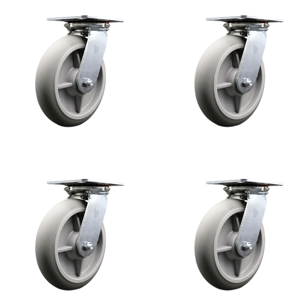 Heavy Duty Large Top Plate Thermo Rubber Donut Tread Swivel Caster Set of 4 w/8" x 2" Gray Wheels - Includes 4 Swivel w/Bolt on Swivel Locks - 2400 lbs Total Capacity - Service Caster Brand — photo 1