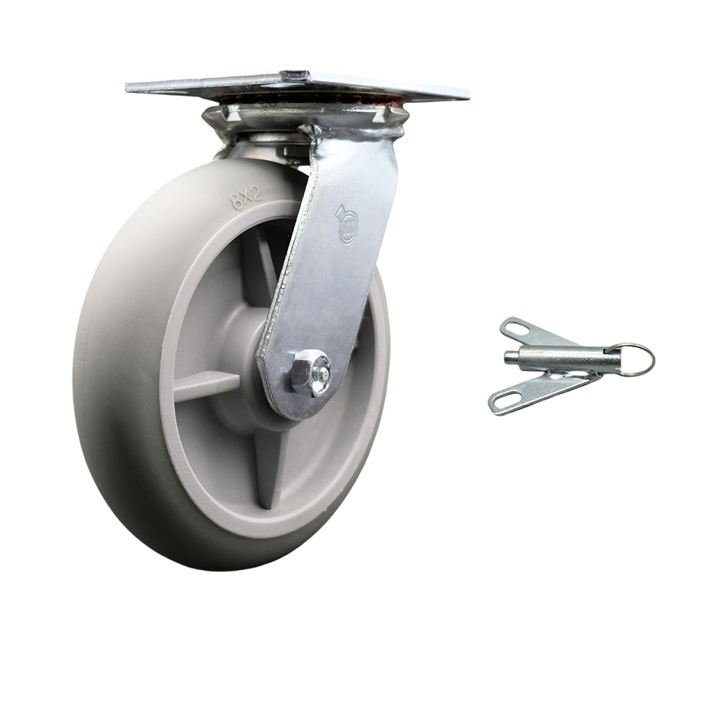 Heavy Duty Large Top Plate Thermo Rubber Donut Tread Swivel Caster w/Main. Free Bearings and 8" x 2" Gray Wheel & Bolt on Swivel Lock - 600 lbs Capacity/Caster - Service Caster Brand — photo 1