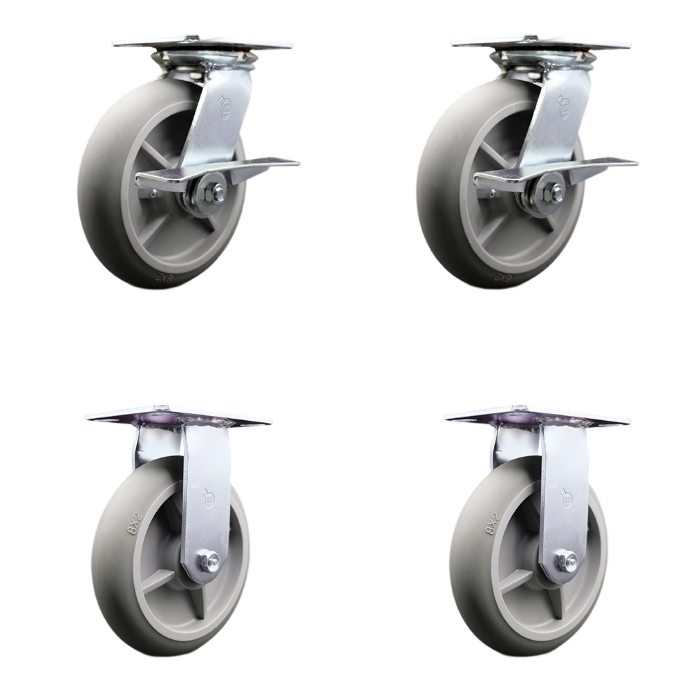 Heavy Duty Large Top Plate Thermo Rubber Donut Tread Swivel Caster Set of 4 w/8" x 2" Gray Wheels - Includes 2 Swivel with Brakes & 2 Rigid - 2400 lbs Total Capacity - Service Caster Brand — photo 1