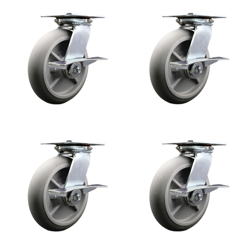 Heavy Duty Large Top Plate Thermo Rubber Donut Tread Swivel Caster Set of 4 w/8" x 2" Gray Wheels - Includes 4 Swivel w/Side Lck Brakes - 2400 lbs Total Capacity - Service Caster Brand — photo 1