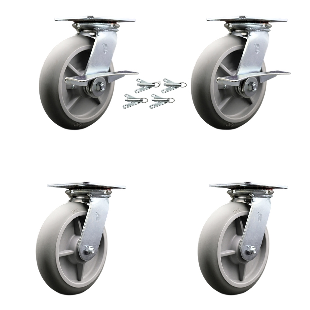 Heavy Duty Large Top Plate Thermo Rubber Donut Tread Swvl Caster w/Main. Free Bearing Set 4 w/8"x2" Gray Wheel-Includes 2 Swvl w/BRK and Bolt on Swvl Lck&2 Swvl w/Bolt on Swvl Lck-Service Caster Brand — photo 1