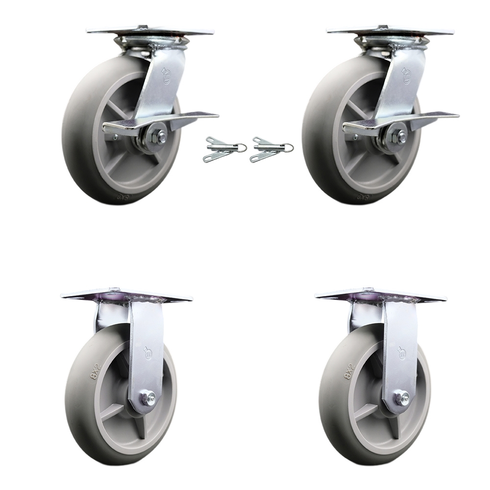 Heavy Duty Large Top Plate Thermo Rubber Donut Tread Swivel Caster w/Main. Free Bearings Set of 4 w/8" x 2" Gray Wheels-Includes 2 Swivel with Brakes and Bolt on Swvl Lcks&2 Rigid-Service Caster Brand — photo 1