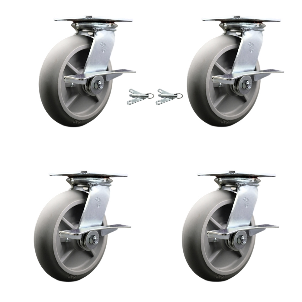 Heavy Duty Large Top Plate Thermo Rubber Donut Tread Swivel Caster Set 4 w/8" x 2" Gray Wheels-Includes 2 Swvl with BRKs and Bolt on Swvl Lck&2 Swvl with Brakes-2400lbs Total Cpty-Service Caster Brand — photo 1