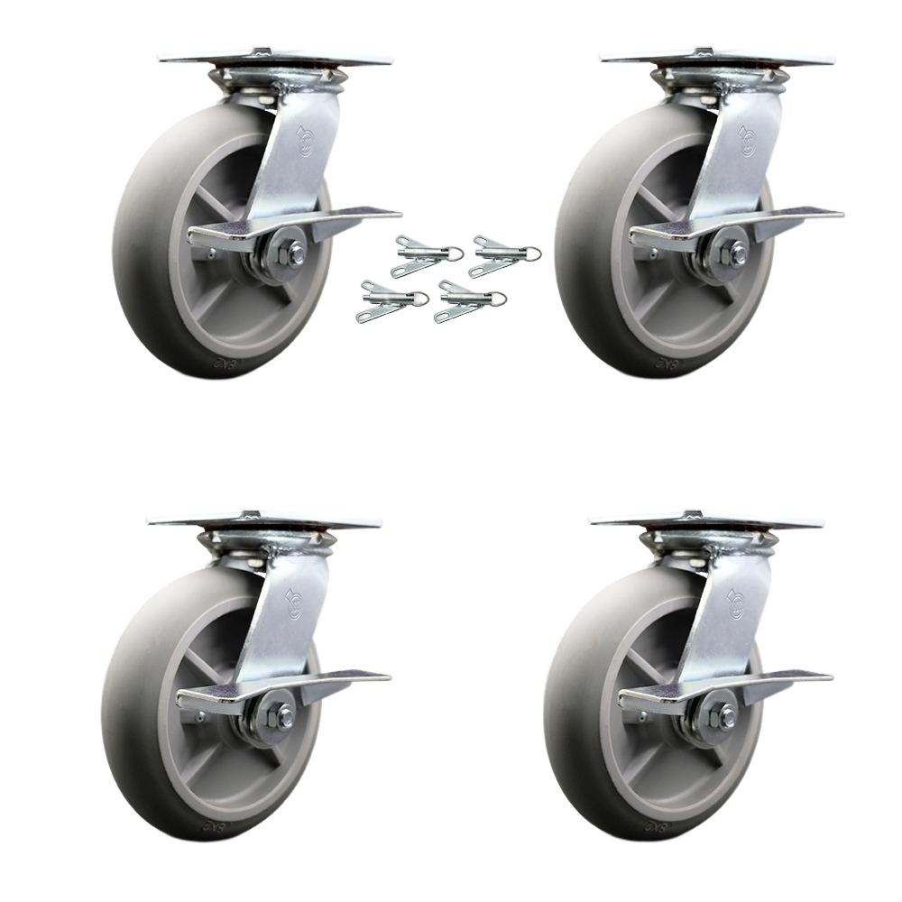 Heavy Duty Large Top Plate Thermo Rubber Donut Tread Swivel Caster Set of 4 w/8" x 2" Gray Wheels - Includes 4 Swivel w/Side Lck Brakes&Bolt on Swvl Lcks-2400 lbs Total Capacity - Service Caster Brand — photo 1