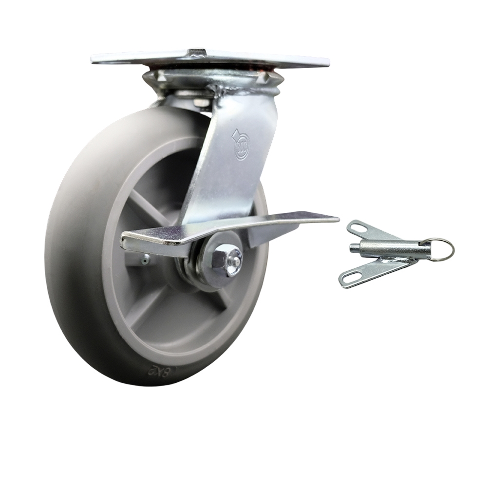 Heavy Duty Large Top Plate Thermo Rubber Donut Tread Swivel Caster w/Main. Free Bearings and 8" x 2" Gray Wheel & Side Lck Brake and Bolt on Swivel Lock - 600lbs Capacity/Caster - Service Caster Brand — photo 1