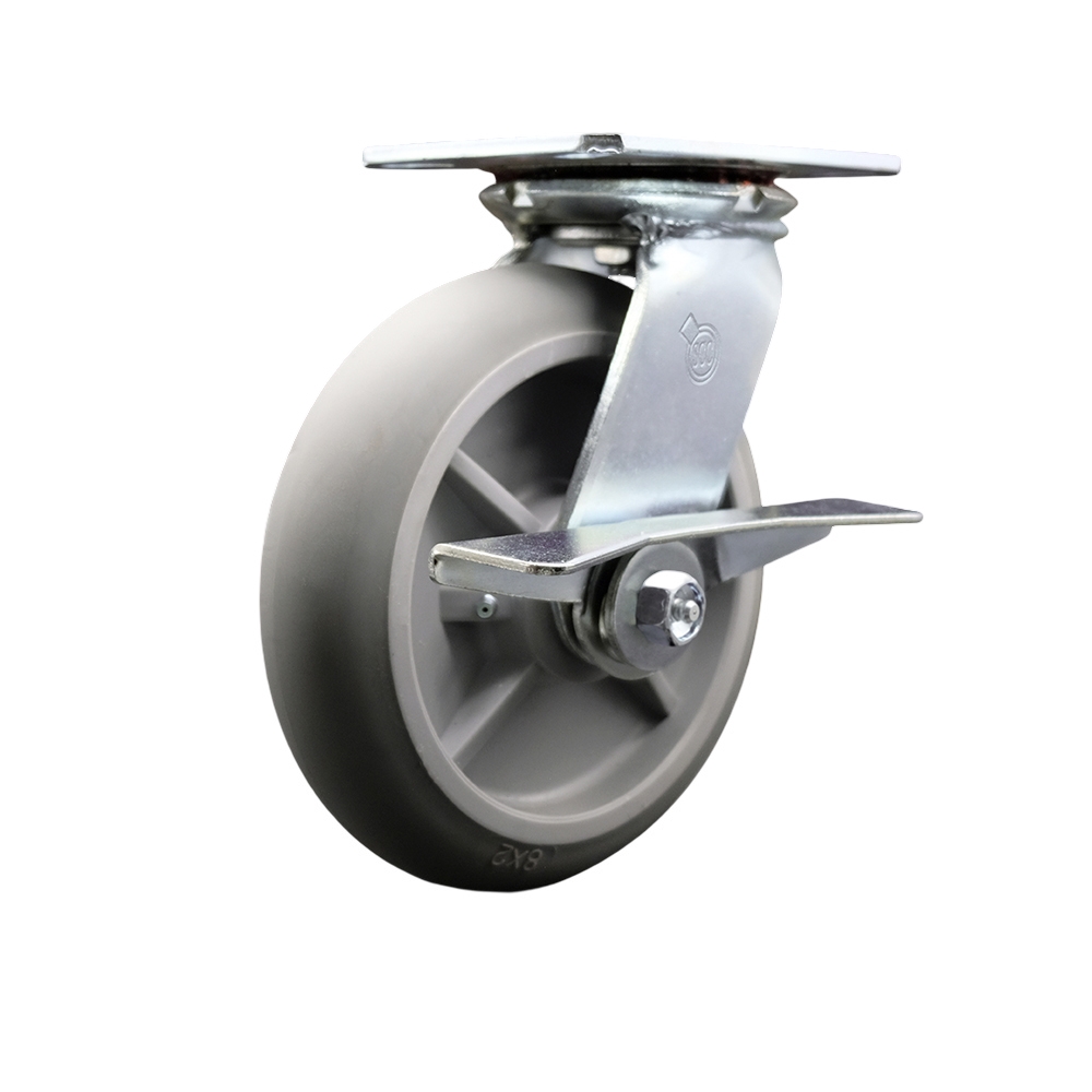 Heavy Duty Large Top Plate Thermo Rubber Donut Tread Swivel Caster w/Main. Free Bearings and 8" x 2" Gray Wheel & Side Lck Brake - 600 lbs Capacity/Caster - Service Caster Brand — photo 1