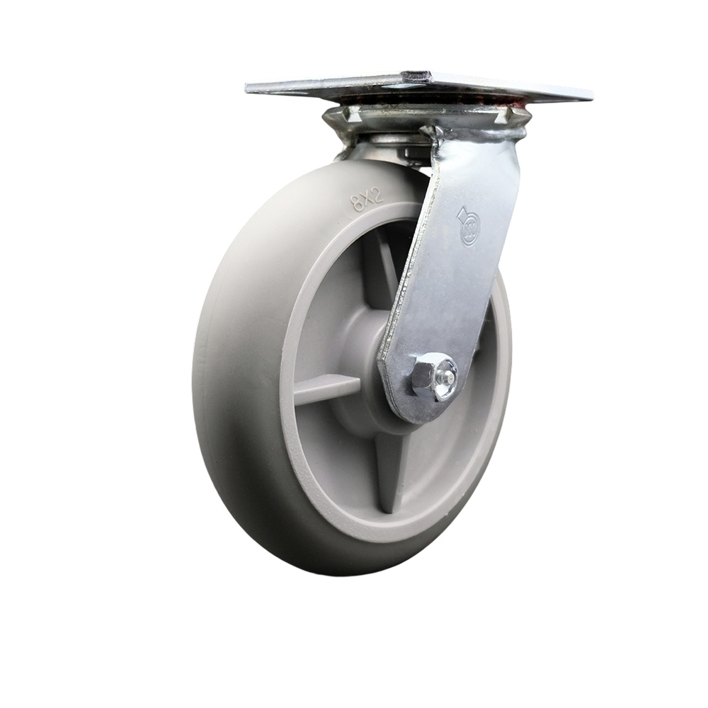 Heavy Duty Large Top Plate Thermo Rubber Donut Tread Swivel Caster w/Main. Free Bearings and 8" x 2" Gray Wheel - 600 lbs Capacity/Caster - Service Caster Brand — photo 1