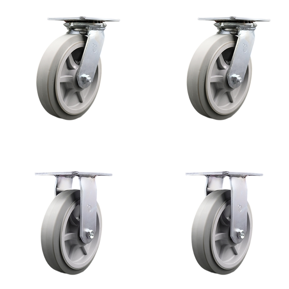 Heavy Duty Large Top Plate Thermo Rubber Flat Tread Swivel Caster Set of 4 w/8' x 2" Gray Wheels - Includes 2 Swivel & 2 Rigid - 2400 lbs Total Capacity - Service Caster Brand — photo 1